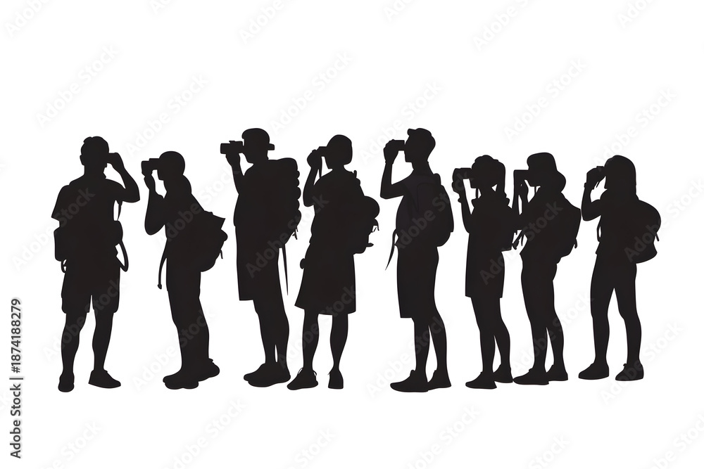 Fototapeta premium Silent Observers: Silhouette figures of people engrossed in observation, capturing a moment, lost in the present. The shadows hint at a collective experience of wonder and appreciation.