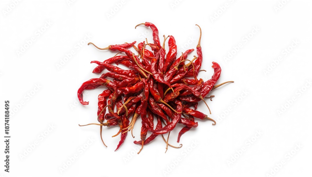 Fototapeta premium Dried red chile peppers on a white background used as a flavoring ingredient in spicy dishes, International Chili Day