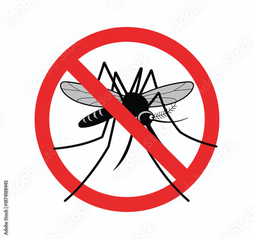No Mosquito Sign red circle prohibition vector, gnat and midge warning, pest control symbol, designed for disease prevention and safety awareness.