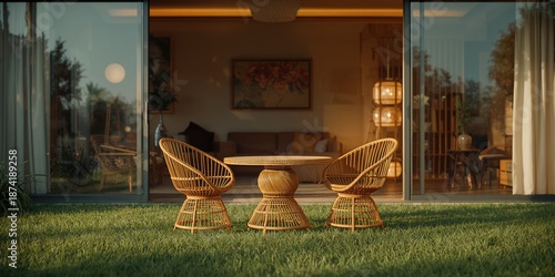 Seamless basketwork pattern of plastic woven wicker furniture placed outdoors on grass, useful for UI backdrop or editorial headers