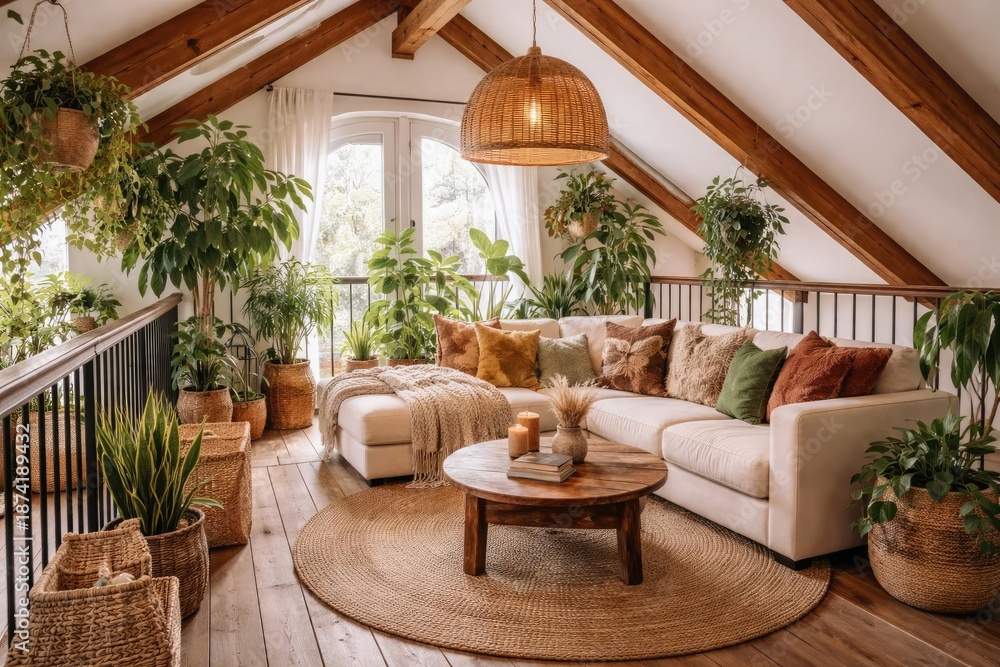 Fototapeta premium Cozy boho style living room on mezzanine with potted plants and sofa