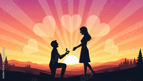 Man Proposing to Woman at Sunset with Heart-Shaped Clouds