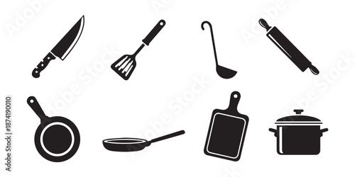 Minimalist kitchen utensils and cooking tools icon set black silhouette flat vector illustration isolated on white background, Cooking and Kitchen Utensils Icon Set with Chef Tools, Cookware, and