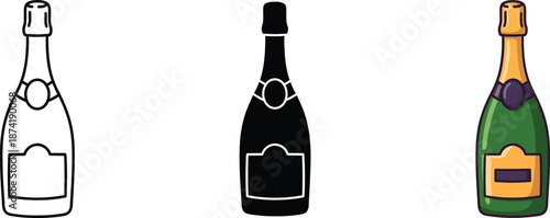 Illustration set of three champagne bottles depicting outline, silhouette, and colored cartoon styles