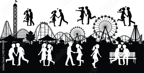 Silhouettes of couples enjoying an amusement park with roller coasters and Ferris wheels in the background
