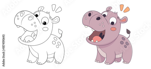 Cute hippo coloring page and colored version