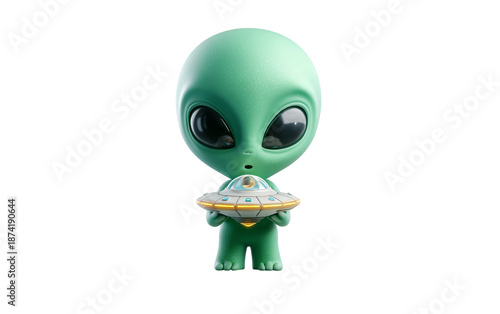 Cute alien emoji character holding a tiny flying object with playful expression and imaginative outer space concept isolated on transparent background PNG
