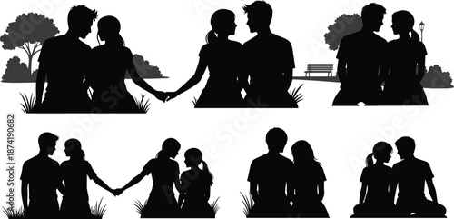Silhouettes of couples holding hands and embracing in a park setting with trees and benches