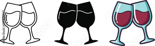 A set of icon designs featuring two clinking wine glasses for celebration and toast