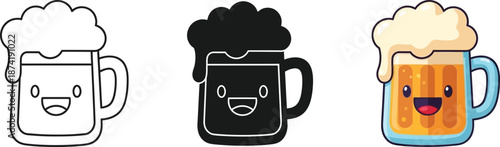 Cute cartoon beer mug icon set in outline, silhouette, and colorful styles with a happy face