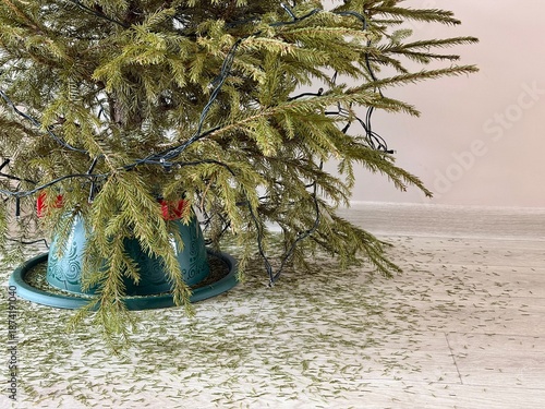 Dried Christmas tree branches with fallen pine needles covering the floor