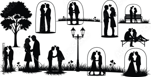 Silhouettes of couples in romantic poses with trees and lamp posts in a park setting kissing holding hands