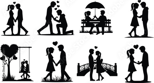 Silhouettes of couples in romantic scenes with hearts and nature walking