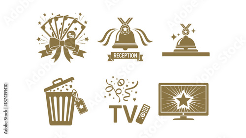 A collection of service industry icons featuring reception bells, money rewards, and media symbols