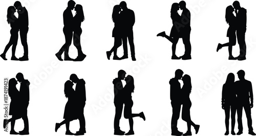 Silhouettes of couples kissing in various romantic poses against a white background black