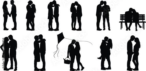 Silhouettes of couples in various romantic poses and activities against a white background