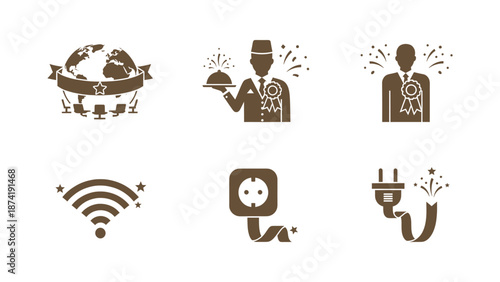A collection of six brown flat icons representing global business, hotel staff, wifi, and electrical plugs