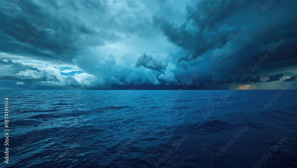 Naklejka premium Clear blue water and sky meet in a scene foreshadowing a storm, highlighting seasonal weather shifts