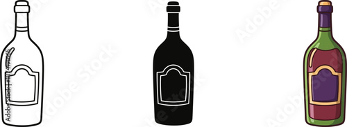 Stylized bottles with labels in outline, silhouette, and color variations for design