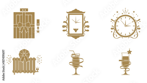 Six golden vector icons for luxury service and celebration including elevator, radiator, and festive drinks