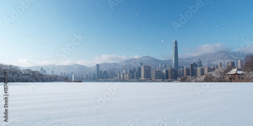 Panoramic city skyline with modern buildings and snow-covered ground in winter, urban density, winter season, urban density