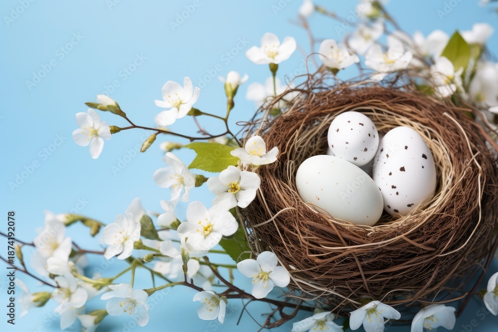 Obraz premium Bird nest holding three white speckled eggs surrounded by blooming spring flowers against a blue background