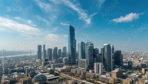 Modern cityscape of a financial hub with commercial buildings and retail centers, urban development