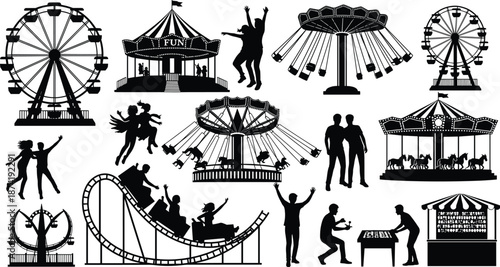 Silhouettes of people enjoying various amusement park rides and activities in black and white Ferris wheel