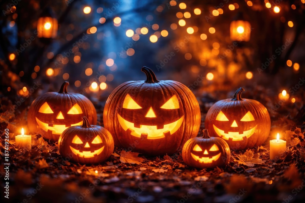 Fototapeta premium Glowing pumpkins set in a warm golden and blue bokeh Halloween scene