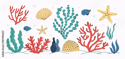 Colorful illustration of underwater coral reef with seaweed and shells