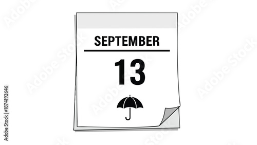 Minimalist calendar sheet displaying September 13 with an umbrella icon indicating a rainy forecast