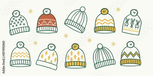 Cute Hand-Drawn Winter Beanies with Pom-Poms and Patterns