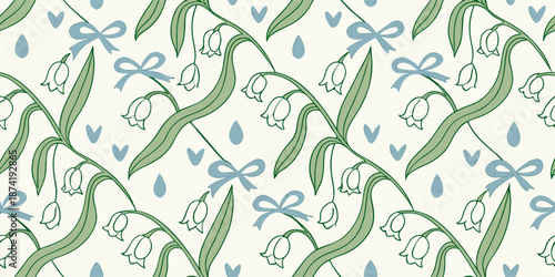 Lily of the Valley Floral Pattern with Blue Bows and Hearts