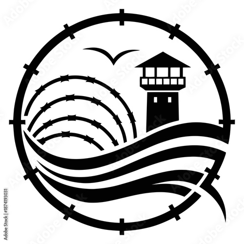 A black and white illustration of a lighthouse by the ocean