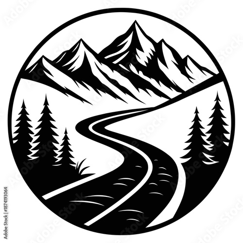 A winding road leads to majestic mountains in a serene landscape