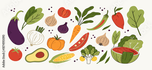 Colorful Hand-Drawn Assortment of Fresh Vegetables and Fruits