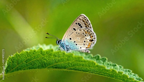 Wallpaper Mural Delicate Blue Butterfly Rests on Vibrant Green Leaf in Soft Sunlight. Torontodigital.ca