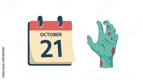 An illustrative calendar showing October 21st beside a gruesome, bloodied zombie hand reaching out, perfectly symbolizing the approach of halloween