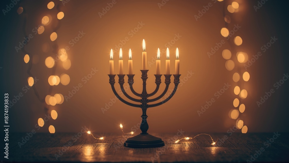Fototapeta premium Close-up of a menorah with candles during Hanukkah, highlighting traditional holiday illumination