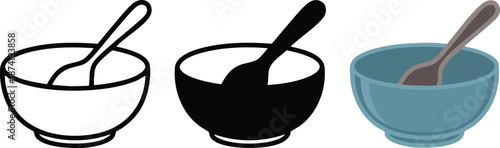 Bowl and Spoon Icon Set in Three Styles, Kitchenware Vector Graphics: Outline, Silhouette, and Color, Comparison of Cereal Bowl and Spoon Icon Variations, Dining Utensil Icons, vector, illustration.