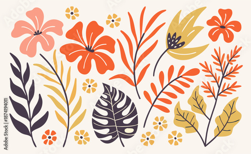 Vibrant tropical floral pattern with stylized leaves and flowers