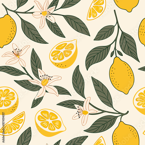 Seamless pattern of yellow lemons with leaves and blossoms on light background