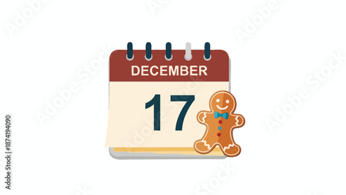 A delightful flat design illustration showcasing December seventeenth on a calendar accompanied by a cheerful gingerbread cookie suitable for