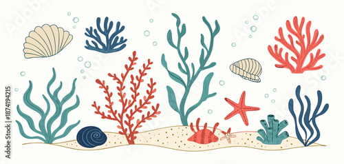 Underwater Scene with Coral, Seaweed, Starfish, Crab, and Shells