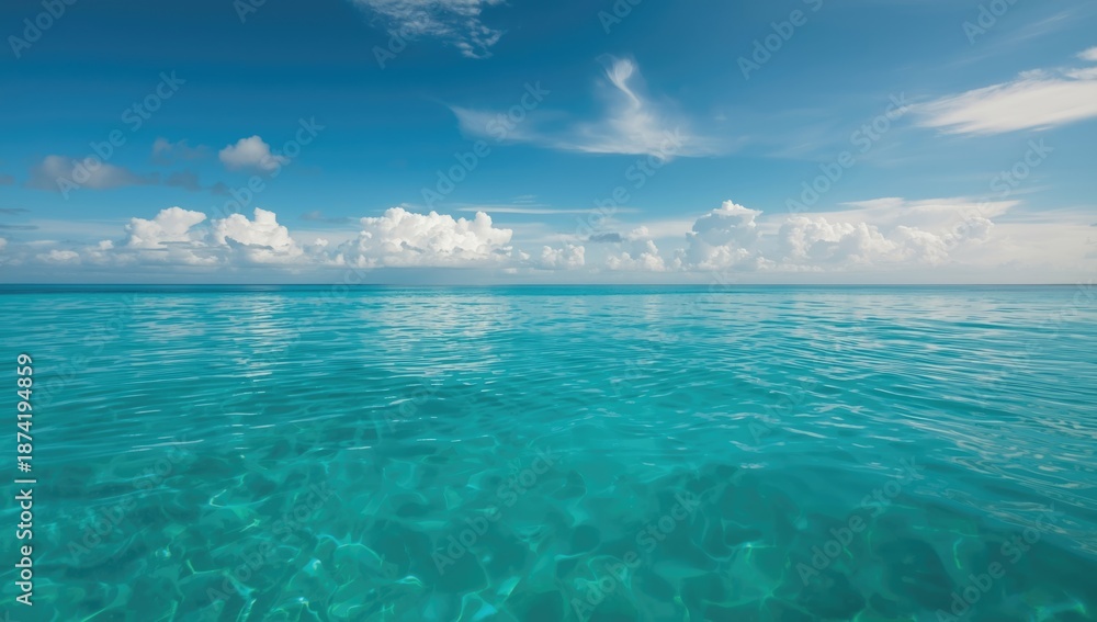 Obraz premium Clear sky with soft white clouds over calm water, suitable for editorial header background, Earth Day