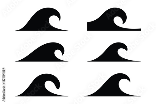 Set of black ocean wave silhouettes on white background