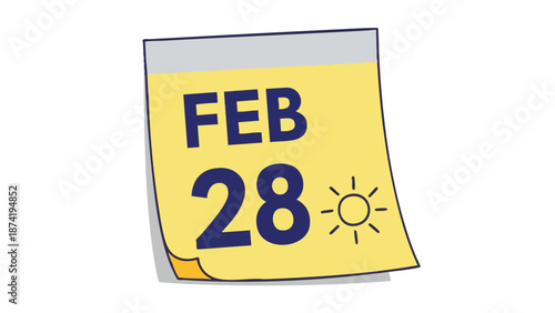 A bright yellow calendar page illustration showing February 28 and a sun icon, representing planning, important dates, and the end of a crisp month