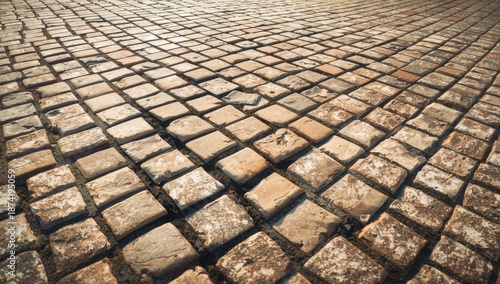 Detailed view of cobblestone surface highlighting individual stones and mortar, urban infrastructure focus