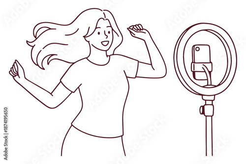 Line art of a woman making social media videos using a ring light tripod and smartphone. Blogger recording professional content for her online audience.