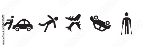 Accident pictogram and safety hazard  icons. Set of black safety pictograms showing common accidents, injuries, and hazards for workplace, public safety, warning signs, and prevention concepts.

